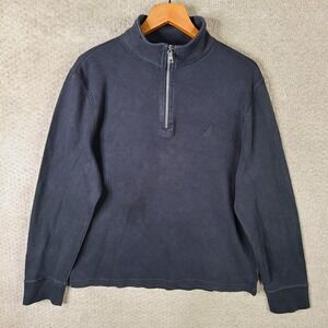 Nautica Sweater Mens Large‎ Black Knit 1/4 Zip Mock Neck Cotton Basic Essential